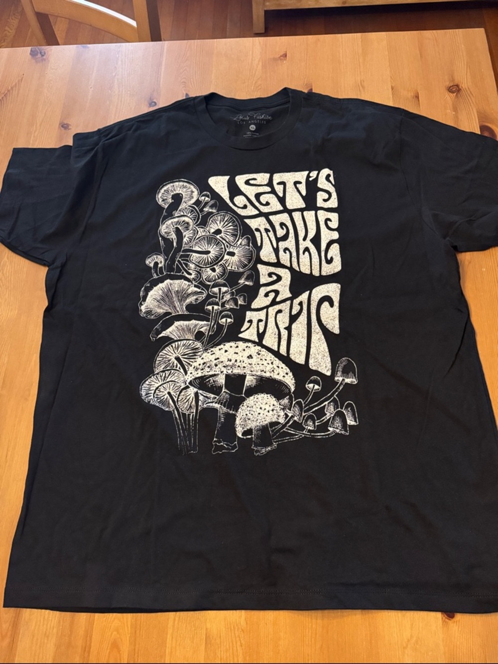 NWOT! Let’s Take A Trip Black Graphic T-Shirt with White Mushroom Design XL